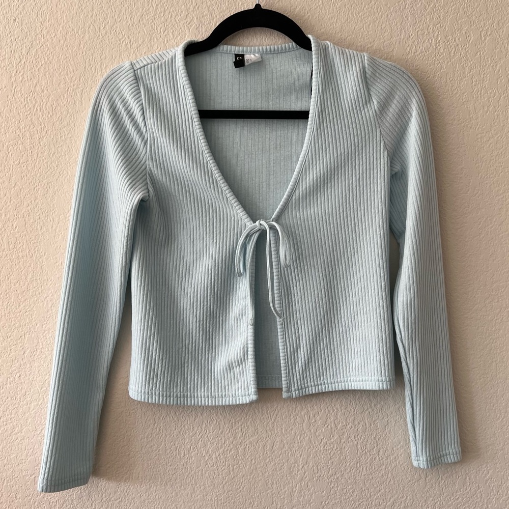 Divided Blue Tie-front Ribbed Top